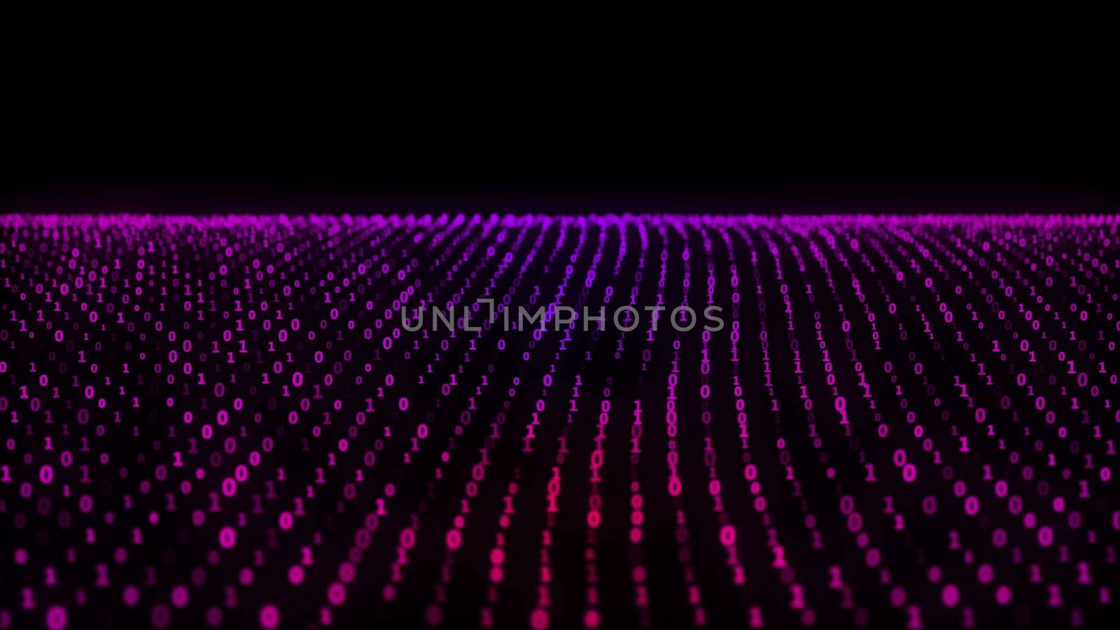 Abstract animation of the binary code waves with binary digits 1 and 0 and motion binary code on background. Symbolizes the ocean. Digital backdrop. 3d rendering