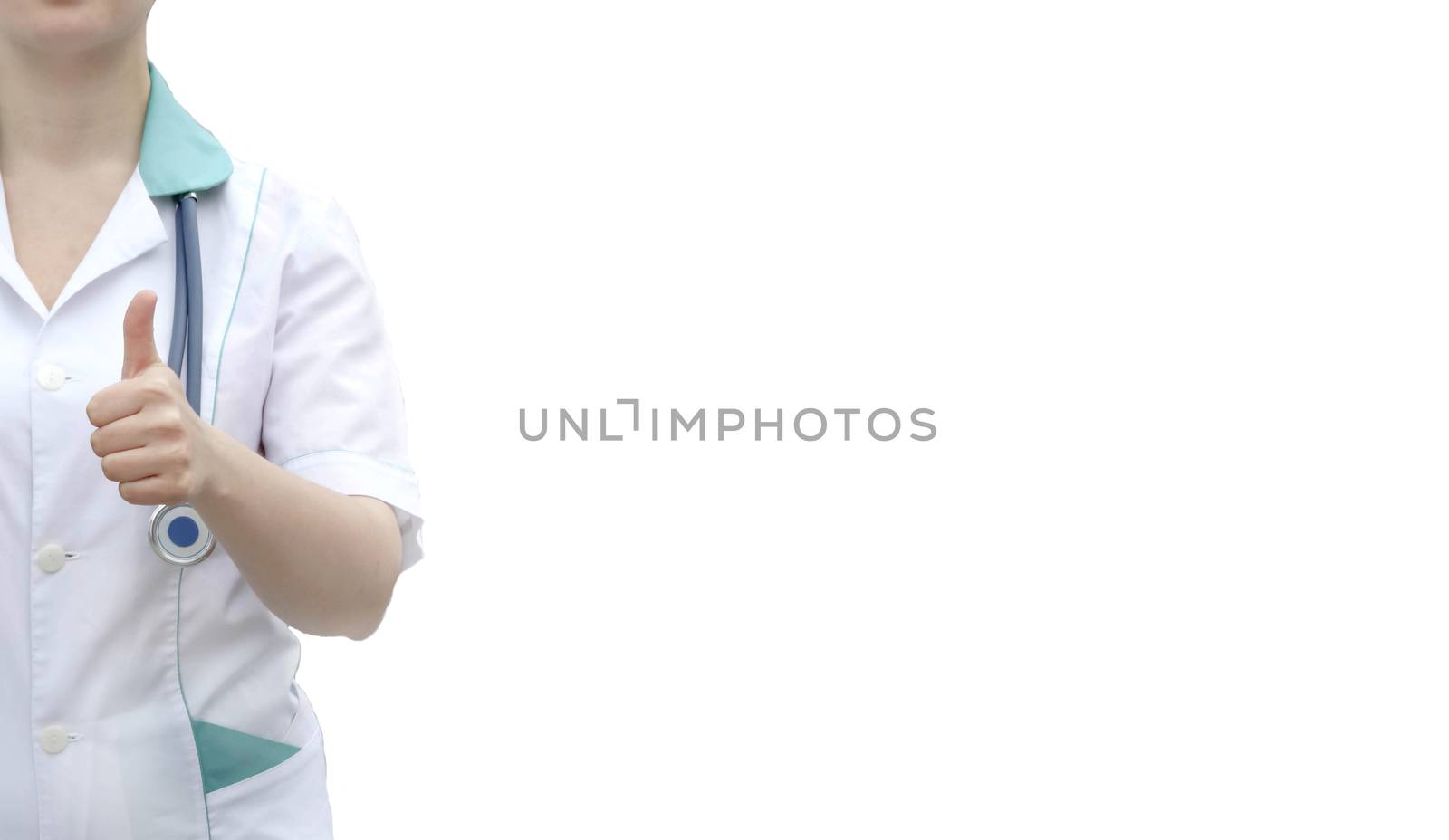 Medicine concept doctor therapist girl. On white isolated background. thumbs up. luck. OK. Photo for your design