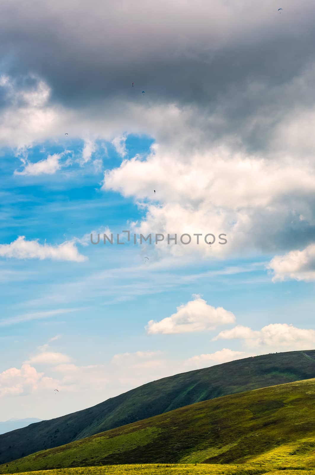 beautiful late summer landscape in carpathians. few skydivers in the flying in the sky