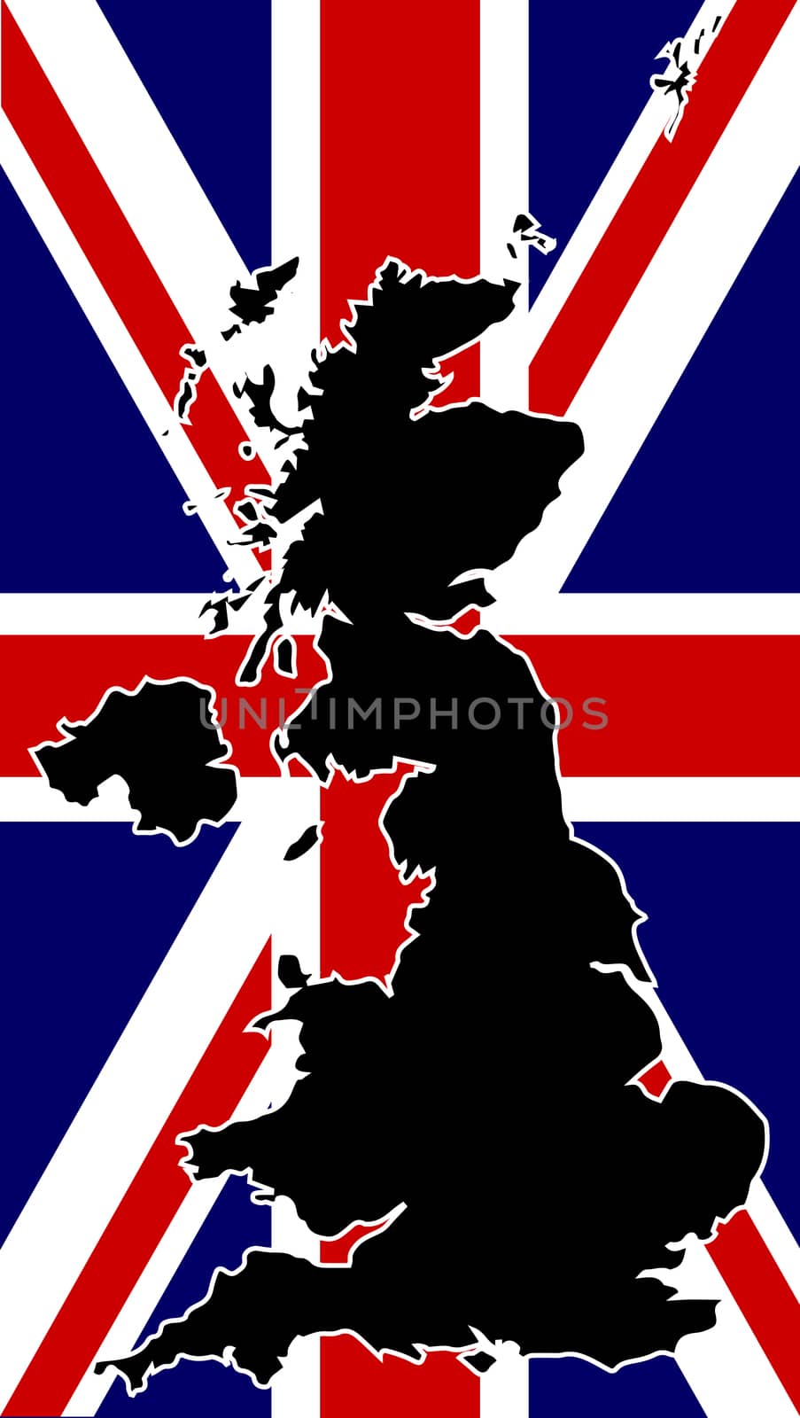 A silhouette of the United Kingdom set over a union flag.