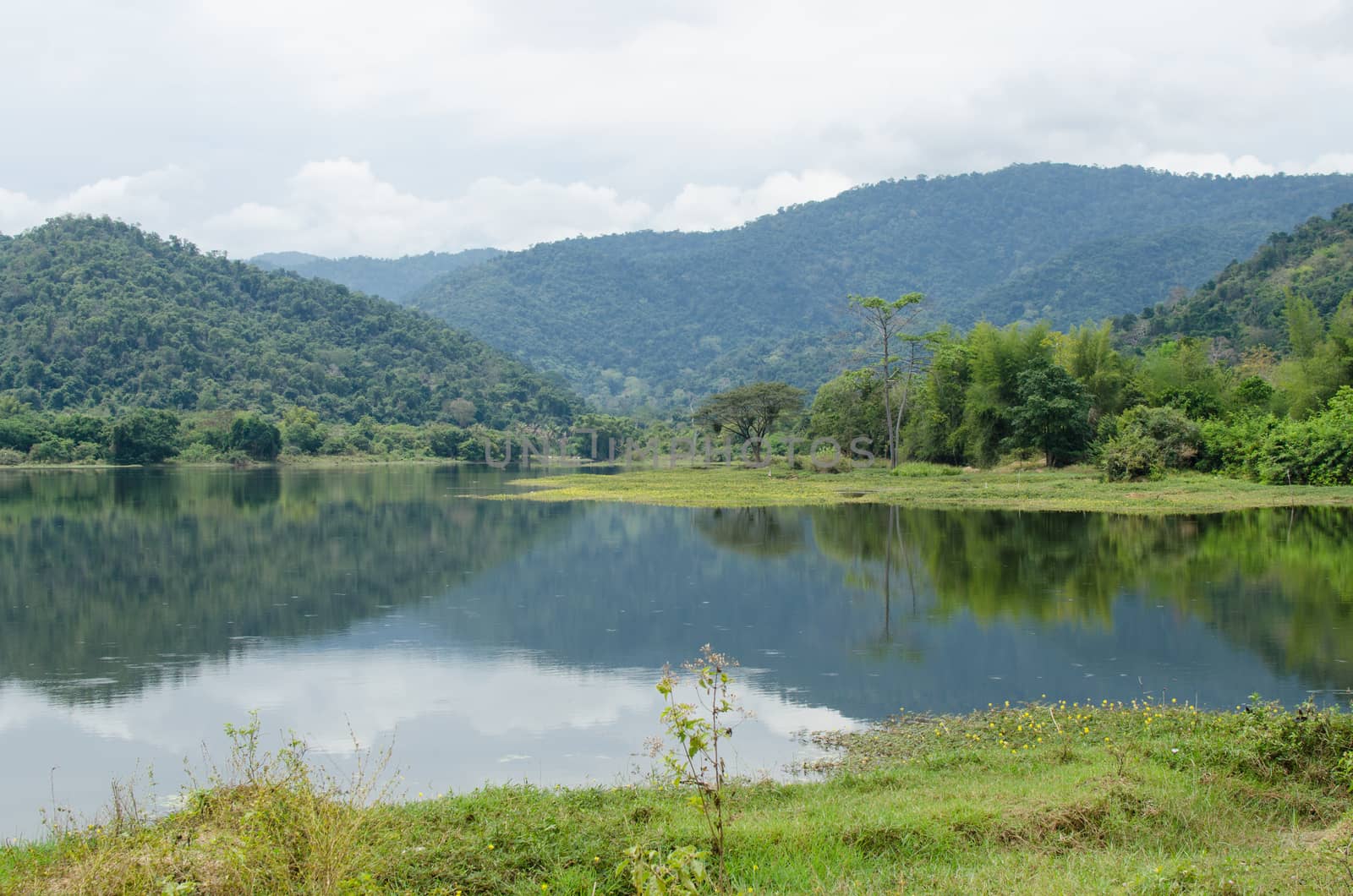 moutain view of national park in thailand and have shadow in the lake.