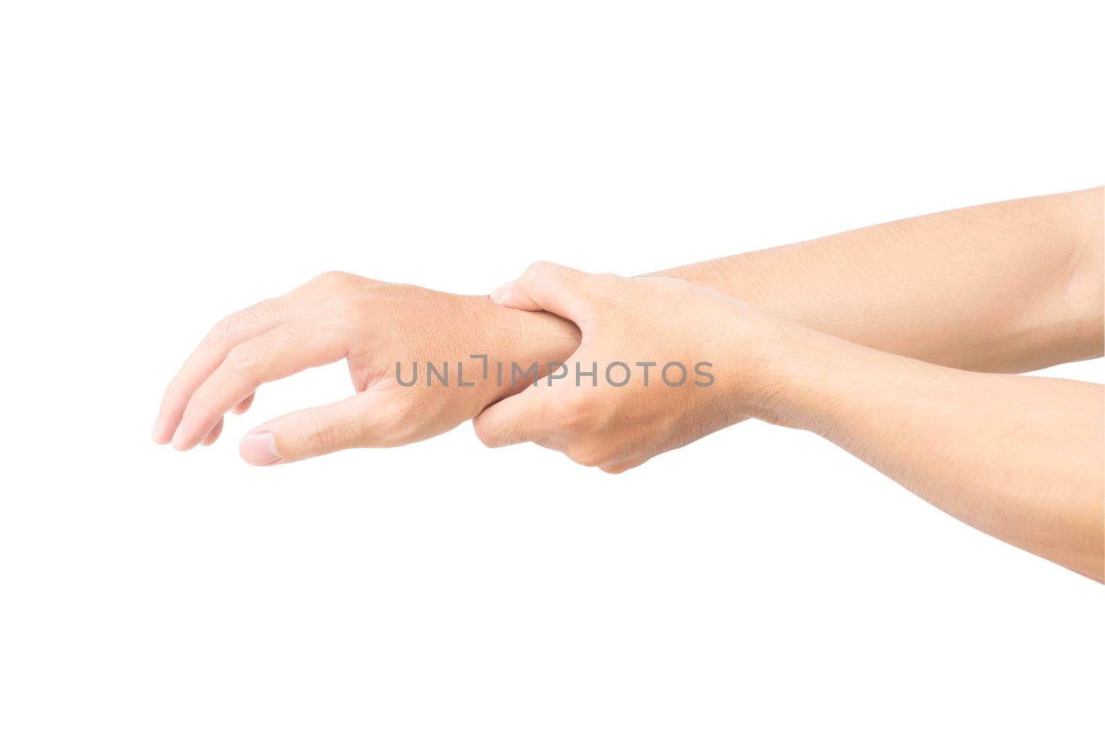 Man hand holding her wrist isolated on white background with cli by pt.pongsak@gmail.com