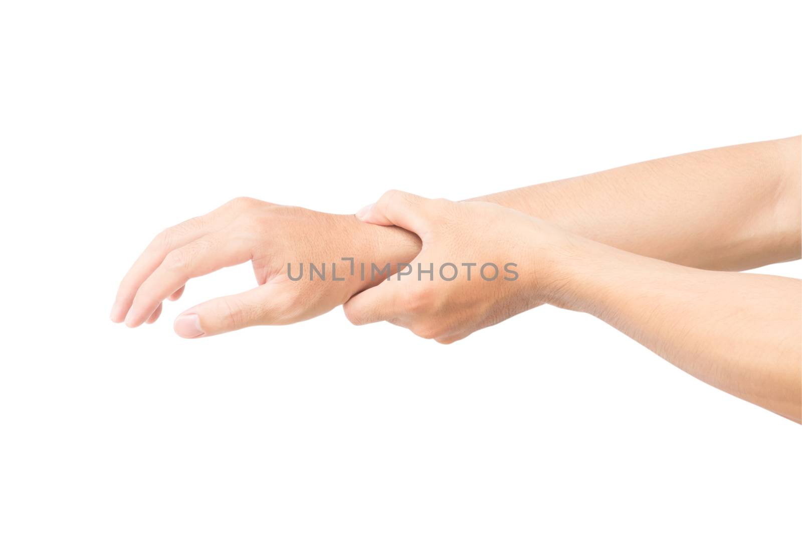 Man hand holding her wrist isolated on white background with clipping path, health care and medical