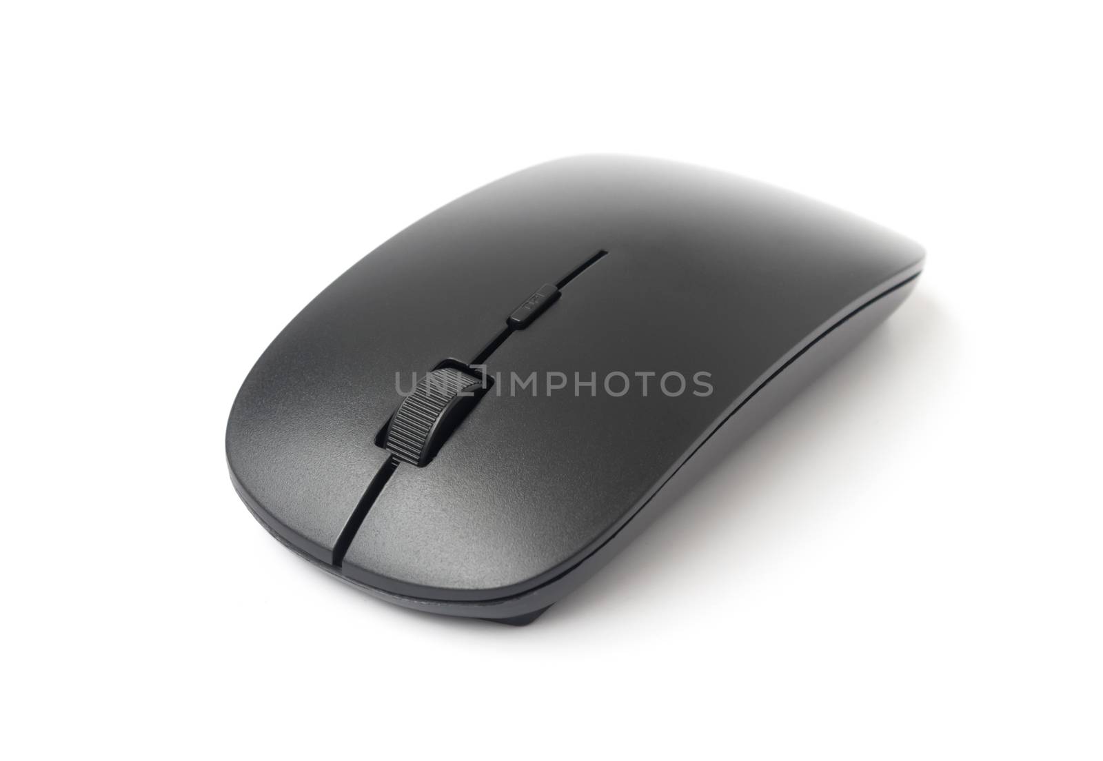 Black wireless computer mouse on white background, technology co by pt.pongsak@gmail.com