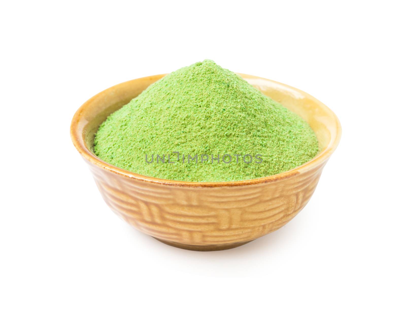 Green matcha tea powder in bowl isolated on white background wit by pt.pongsak@gmail.com