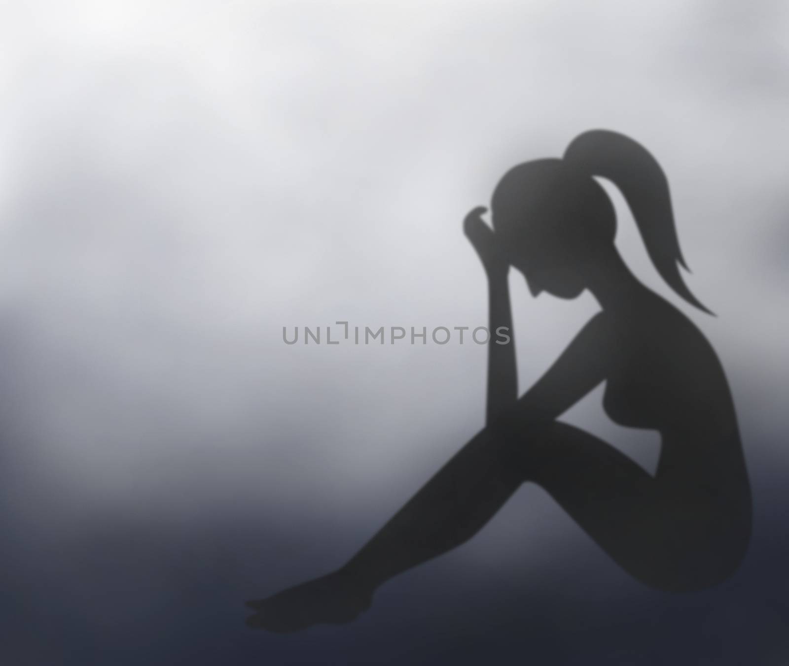 Digital Painting woman sad and depressed feeling sitting with dark clouds