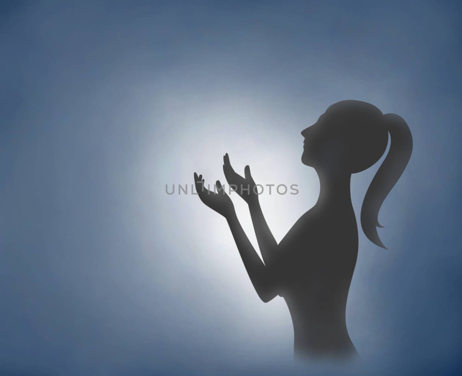 Digital painting silhouette woman hands praying with light blue  by pt.pongsak@gmail.com