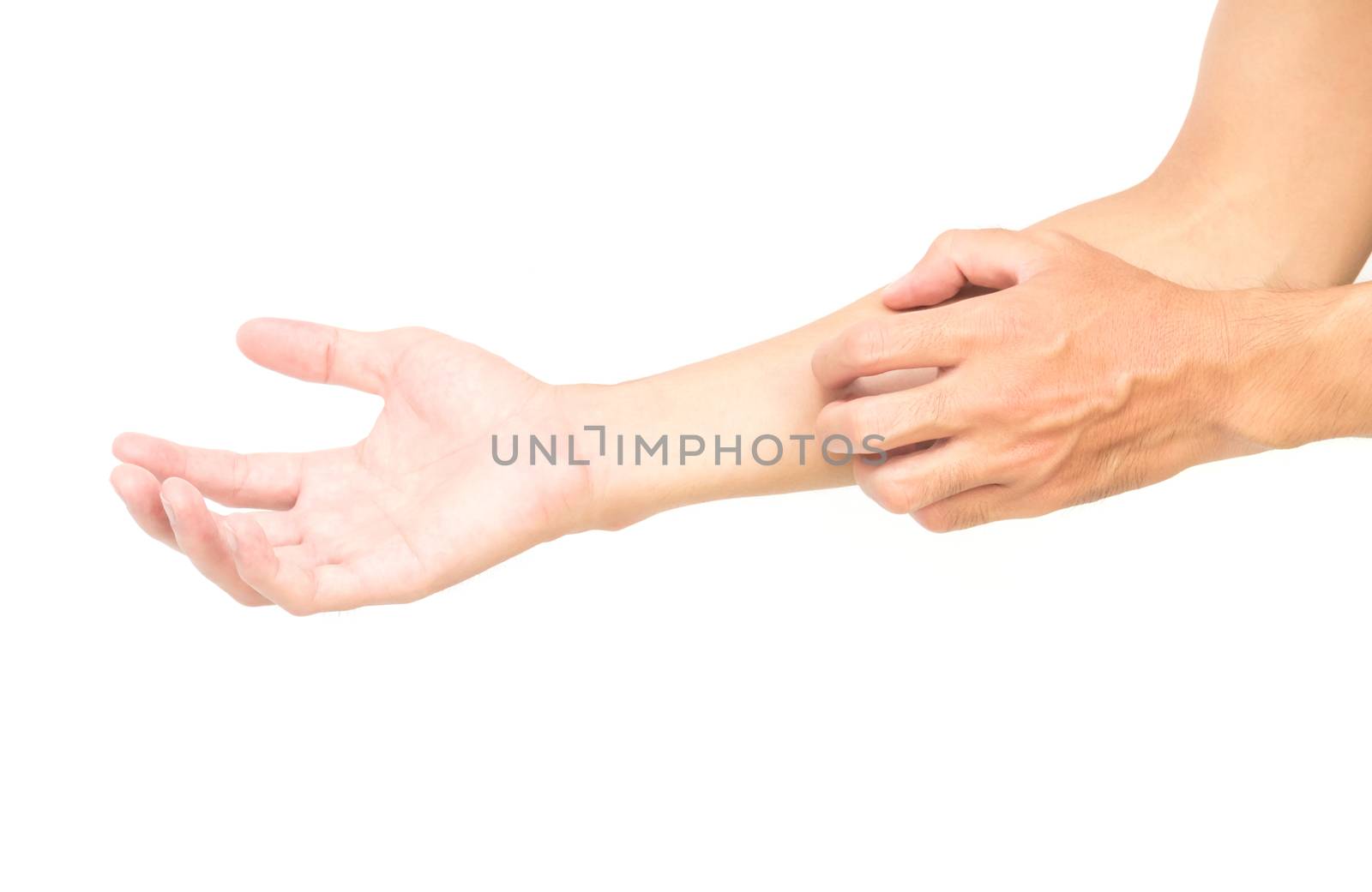 Man hand scratching hand on white background, health care and me by pt.pongsak@gmail.com