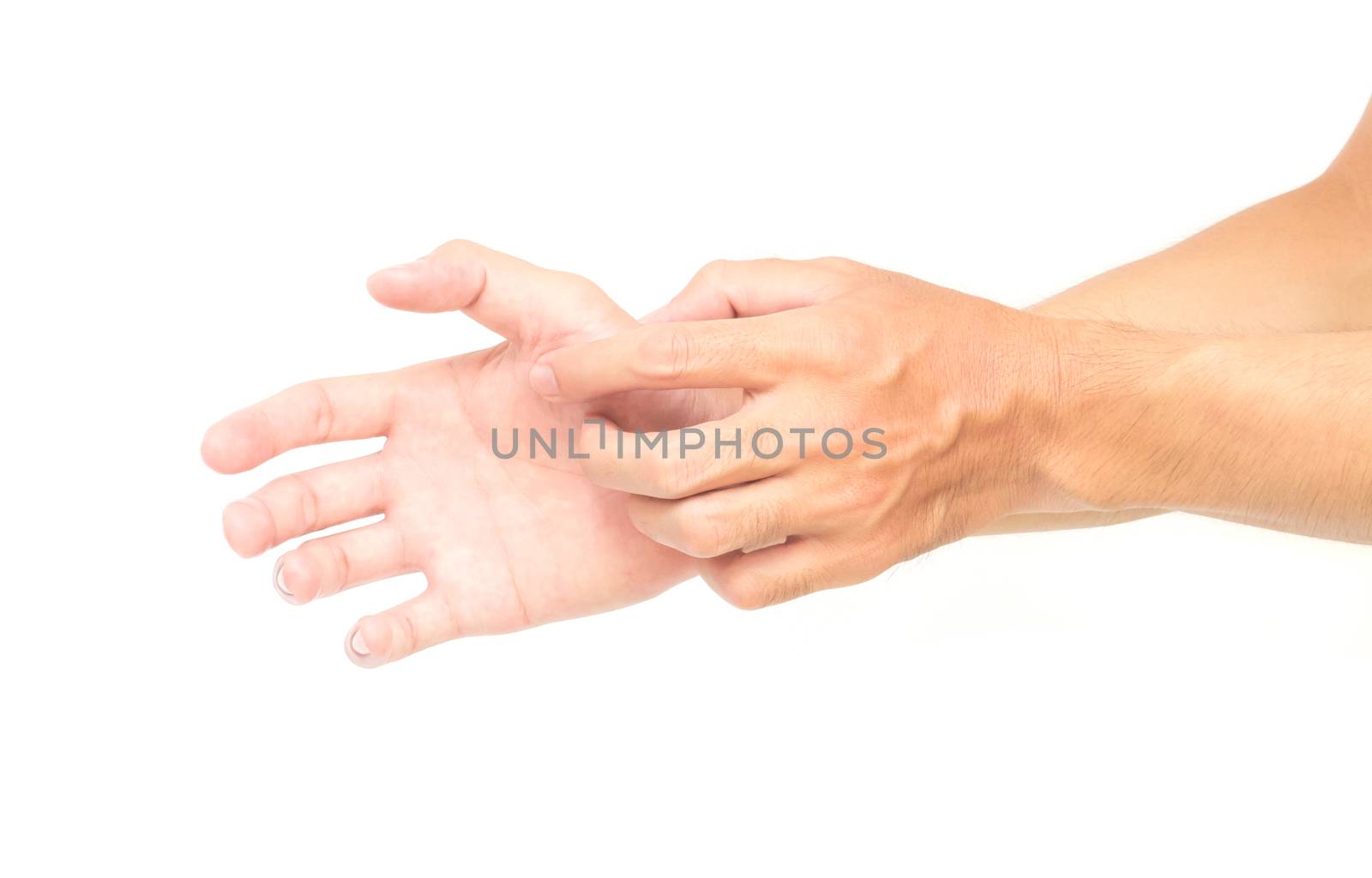Man hand scratching hand on white background for healthy concept