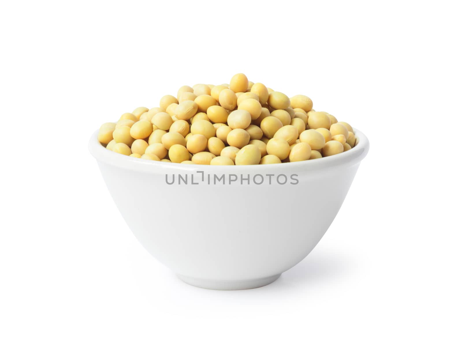 Soy beans in ceramic bowl on white background, food and drink healthy concept
