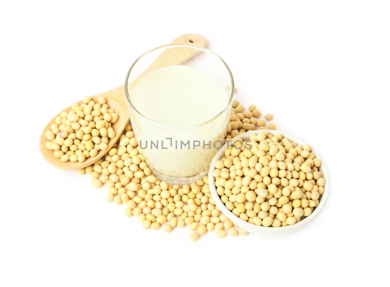 Soy milk and soy beans on white background, food and drink healthy concept