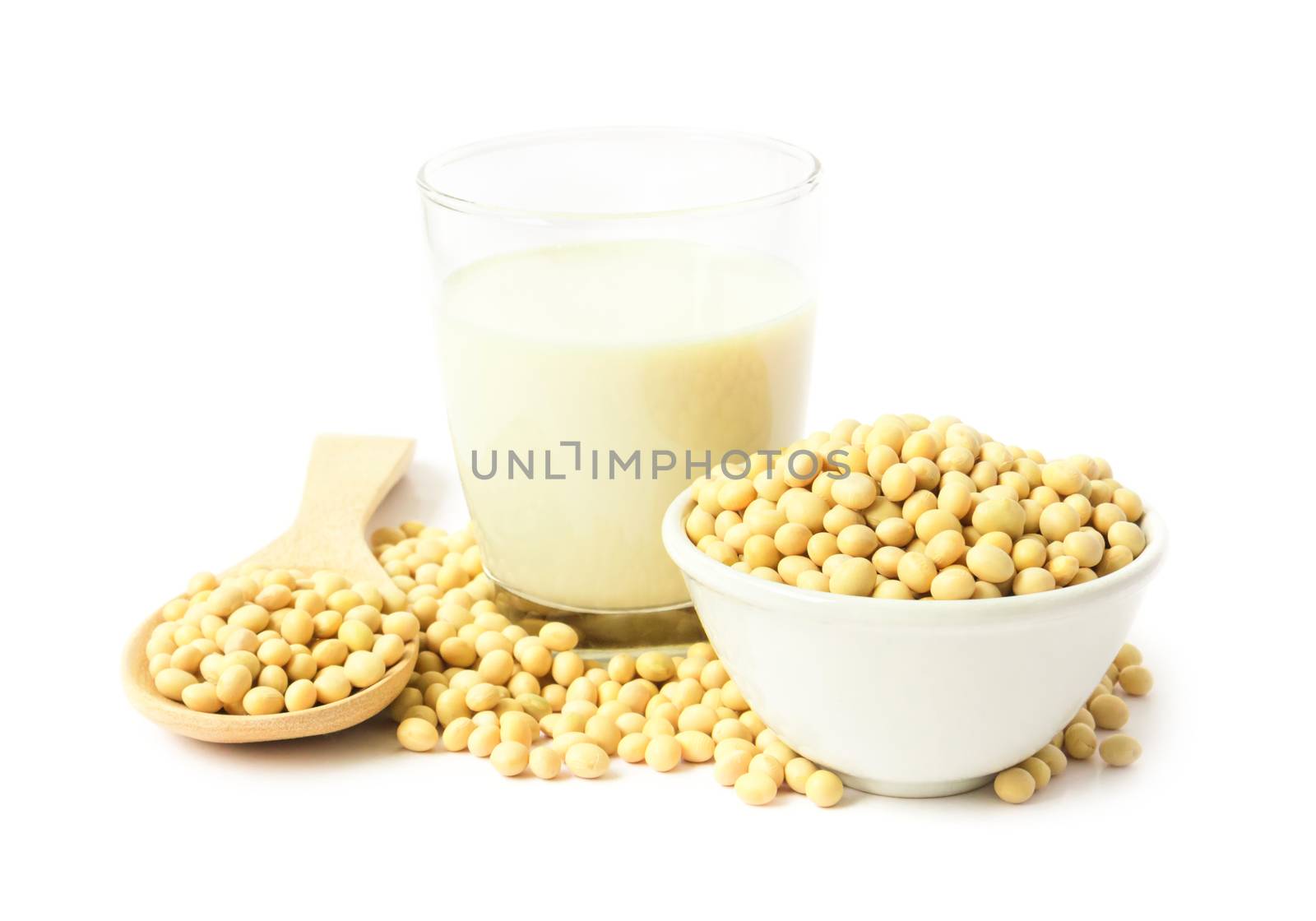 Soy milk and soy beans on white background, food and drink healthy concept