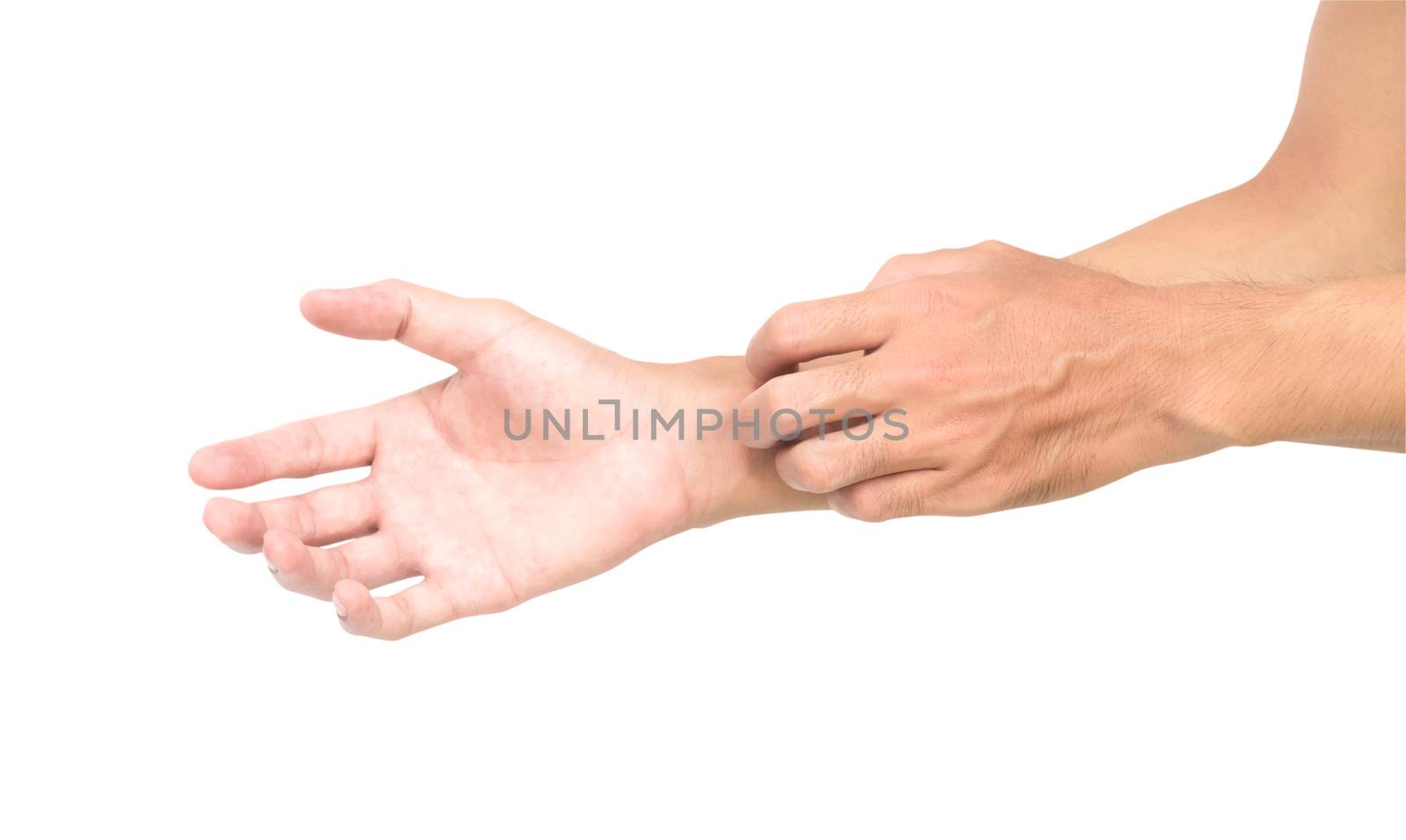 Man hand scratching hand on white background with clipping path  by pt.pongsak@gmail.com