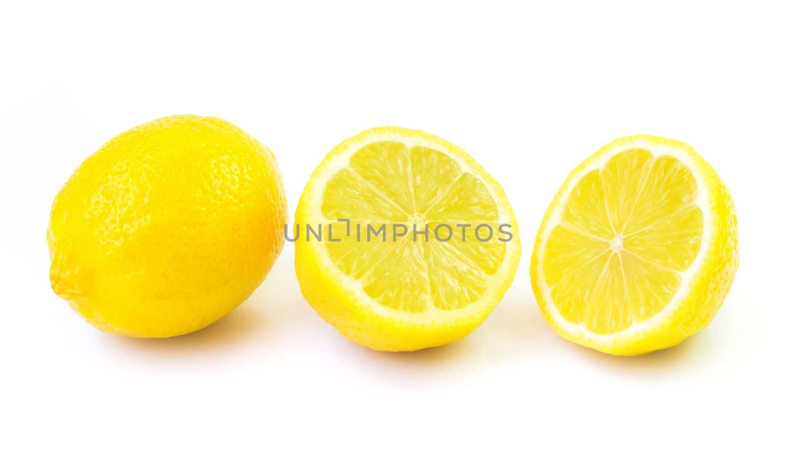 Closeup fresh lemon fruit and slice on white background