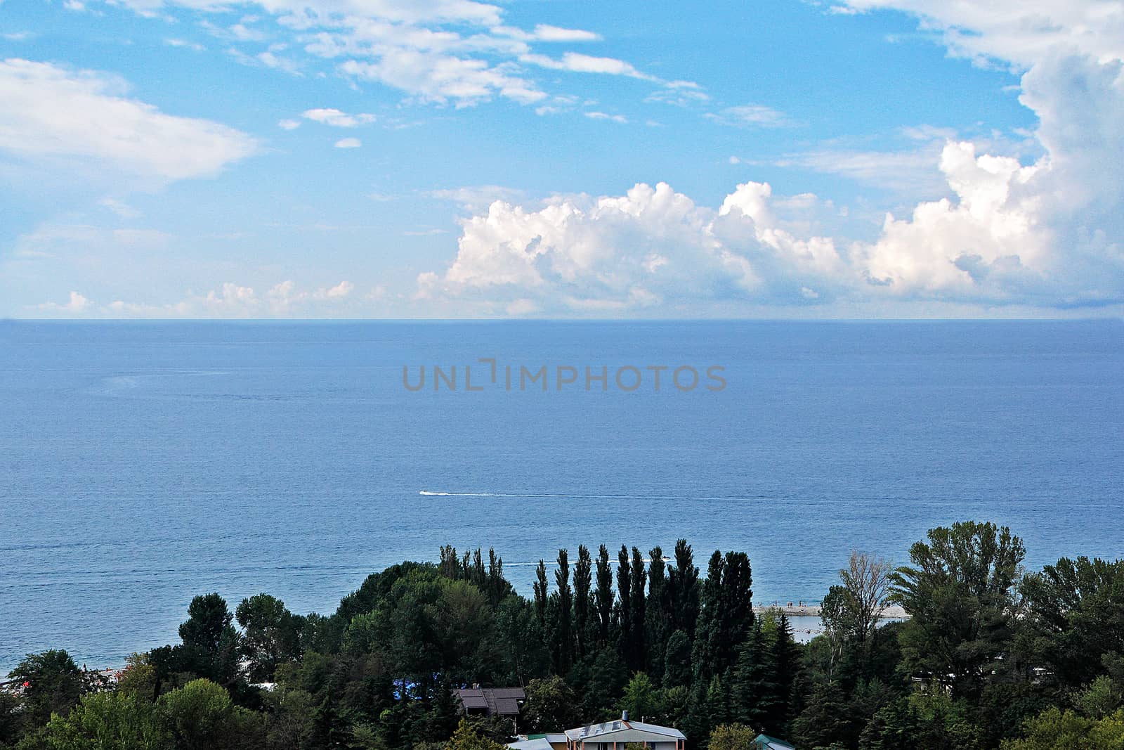 Beautiful view of the sea from a bird's eye view on a summer sunny day.