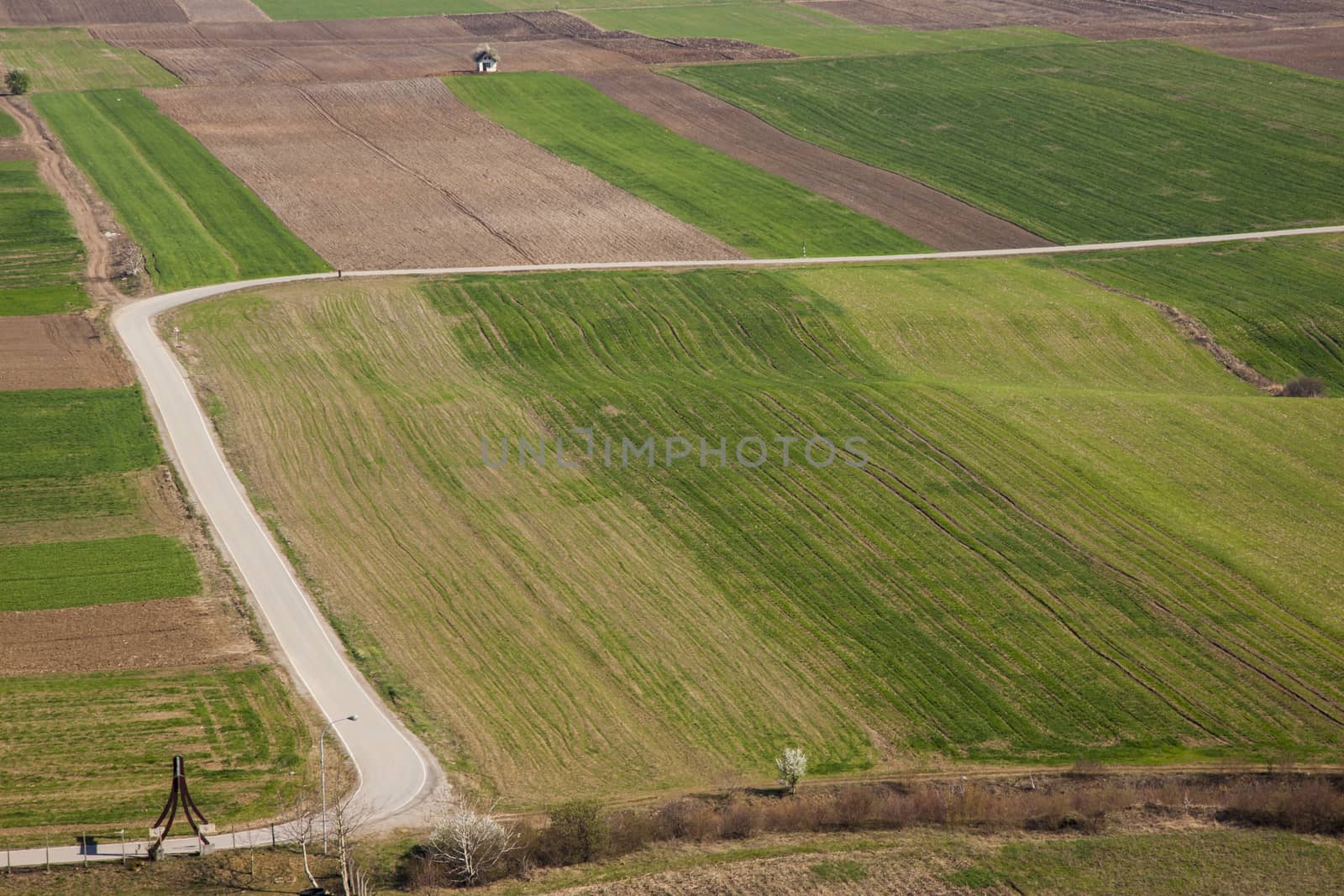 Aerial view on colourful fields - Kostolac, Serbia.