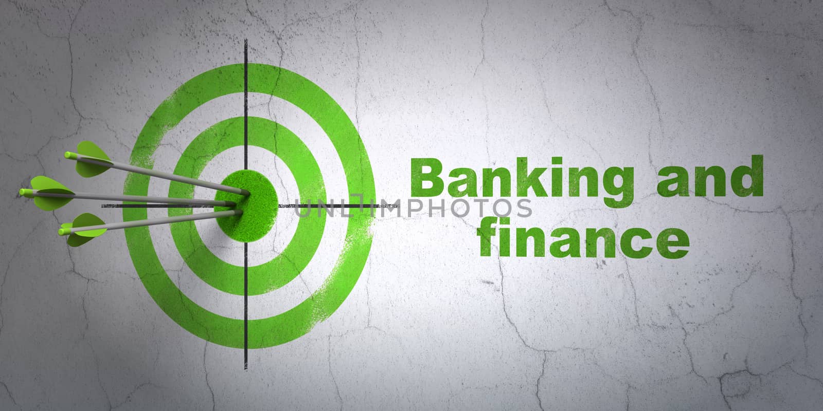 Success banking concept: arrows hitting the center of target, Green Banking And Finance on wall background, 3D rendering