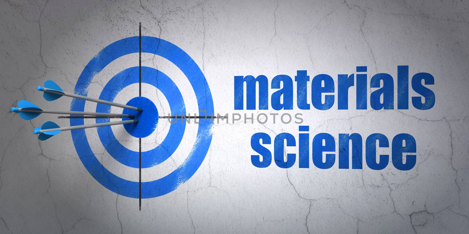 Success Science concept: arrows hitting the center of target, Blue Materials Science on wall background, 3D rendering