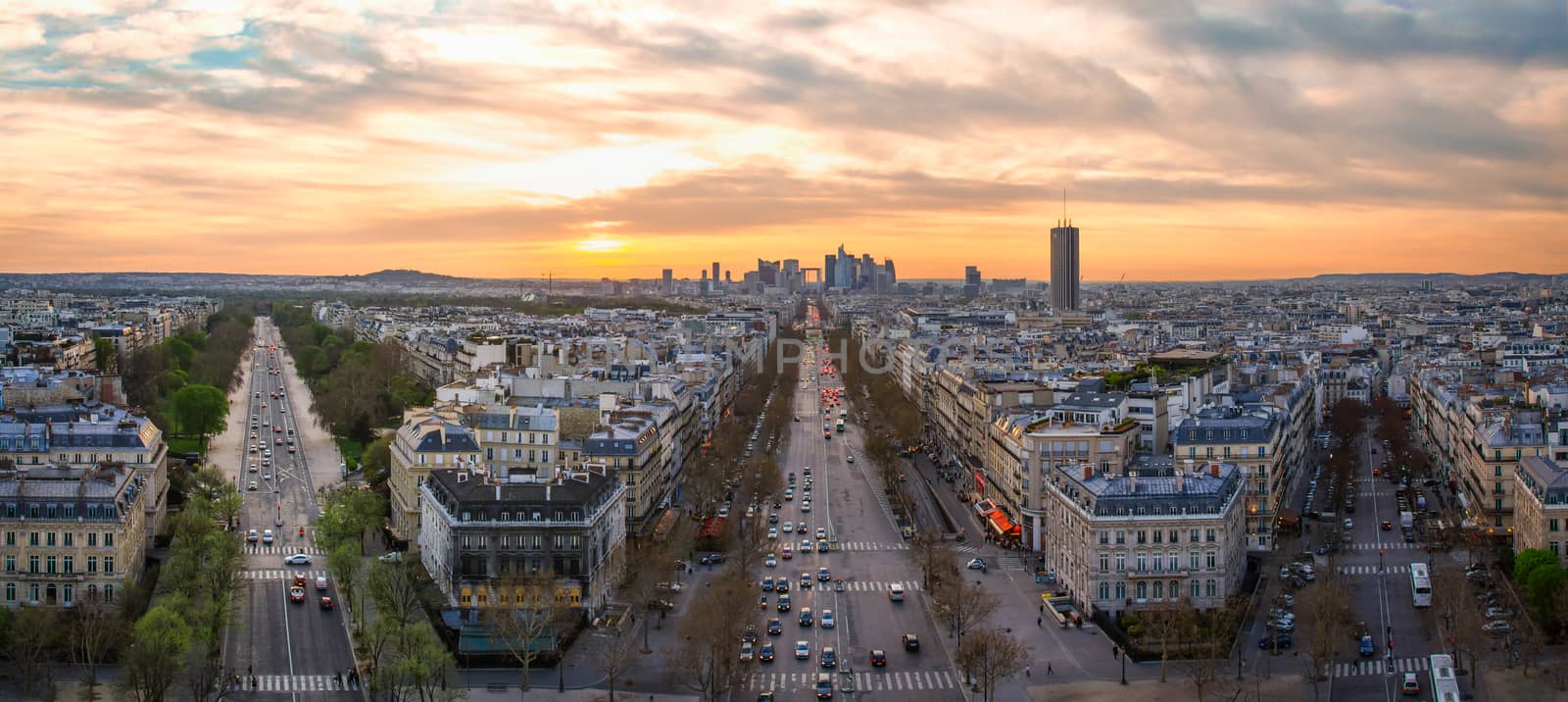 Aerial view to la Defense area at sunset