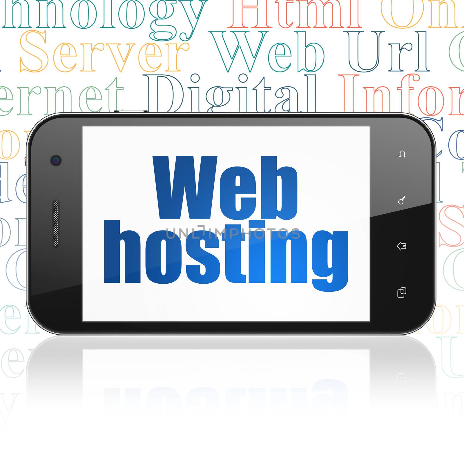 Web development concept: Smartphone with  blue text Web Hosting on display,  Tag Cloud background, 3D rendering