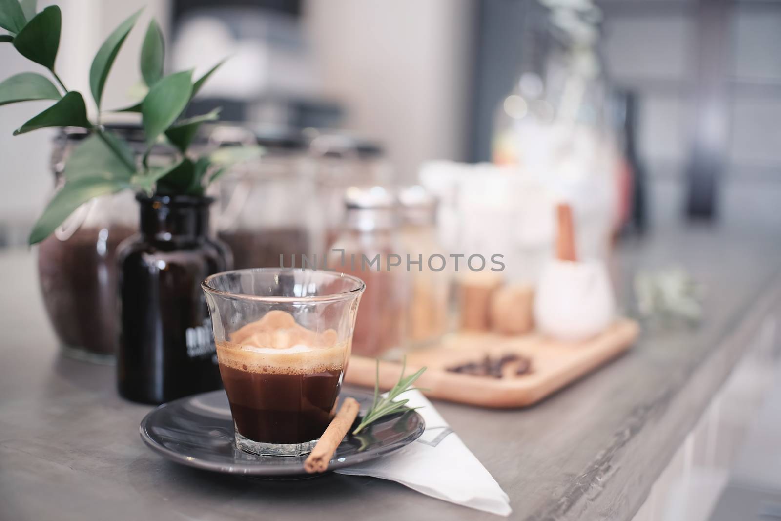 macchiato espresso coffee, hot drink with vintage tone.