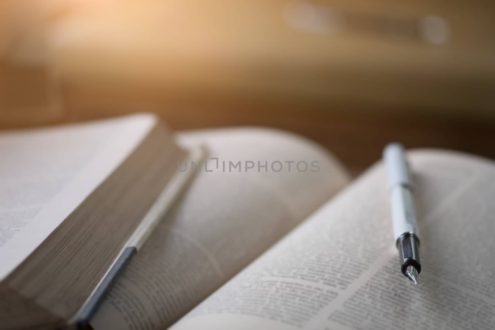 Selective focus and Closeup a pen on text book with vintage light with education concept.