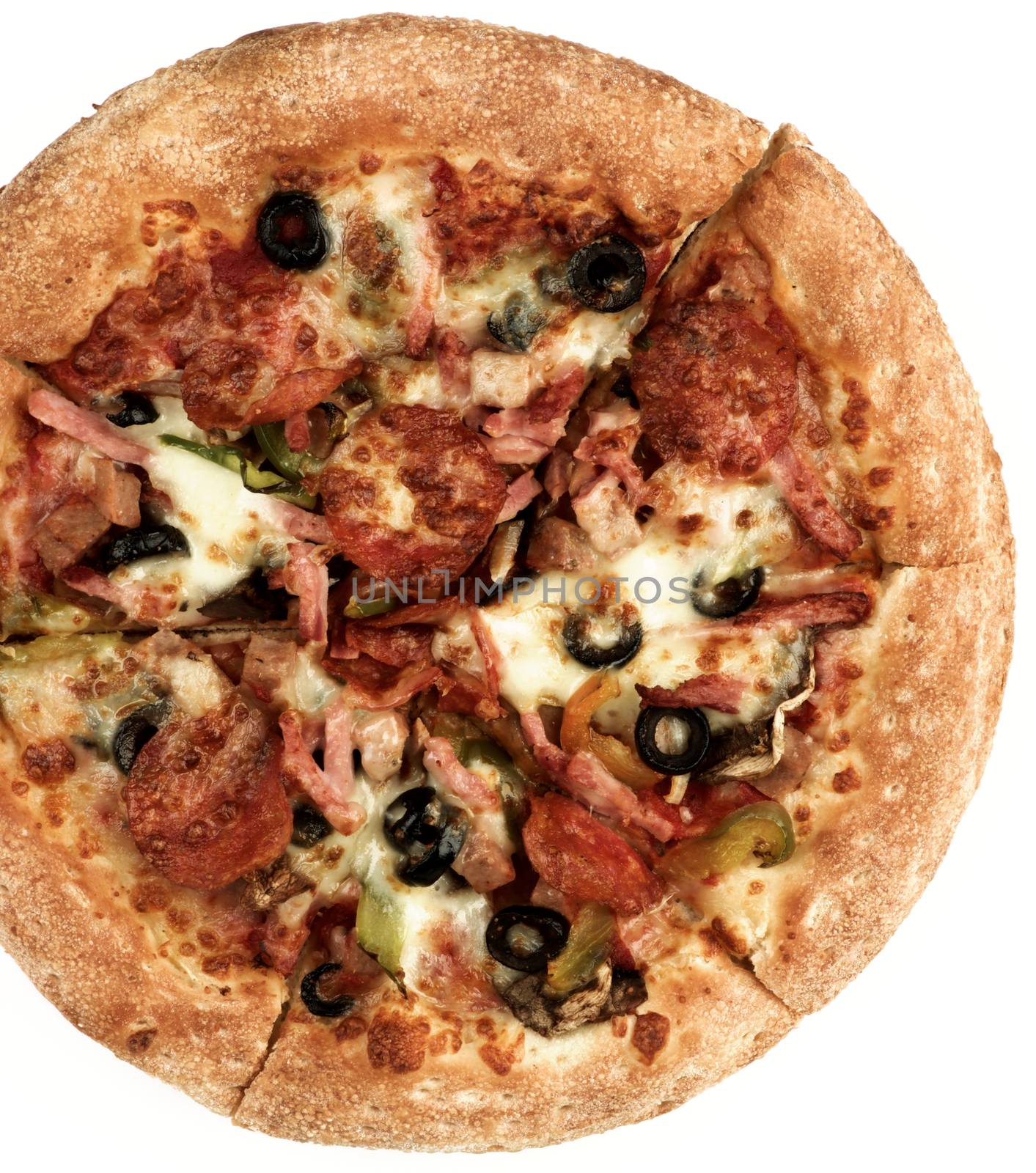 Freshly Baked Pepperoni Pizza with Black Olives, Pepperoni, Ham and Cheese Cross Section on White background