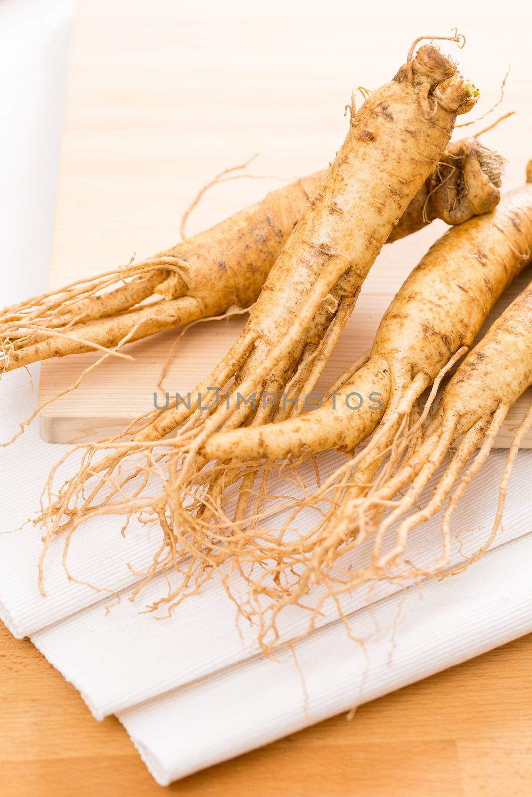 Korean Fresh Ginseng over wood background by leungchopan