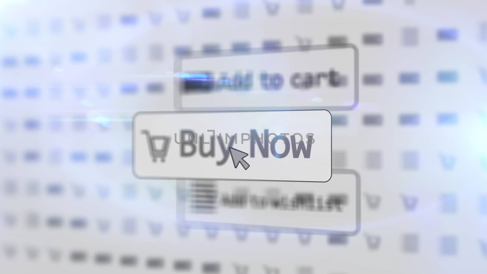 Simplistic 3D illustration of a functioning internet shop with such inscriptions as add to cart, buy now, add to wishlist located on three icons in a white background with dots