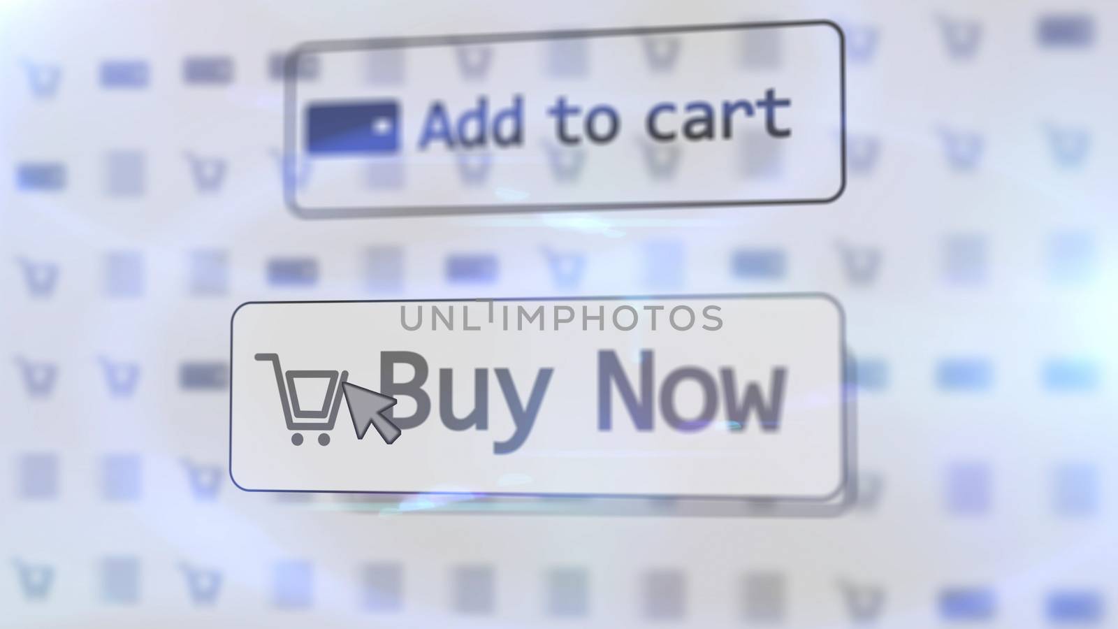 Impressive  3D rendering  of a white internet shop screen with such inscriptions as add to cart, buy now, and one basket  placed on two icons with numerous blurred drawings
