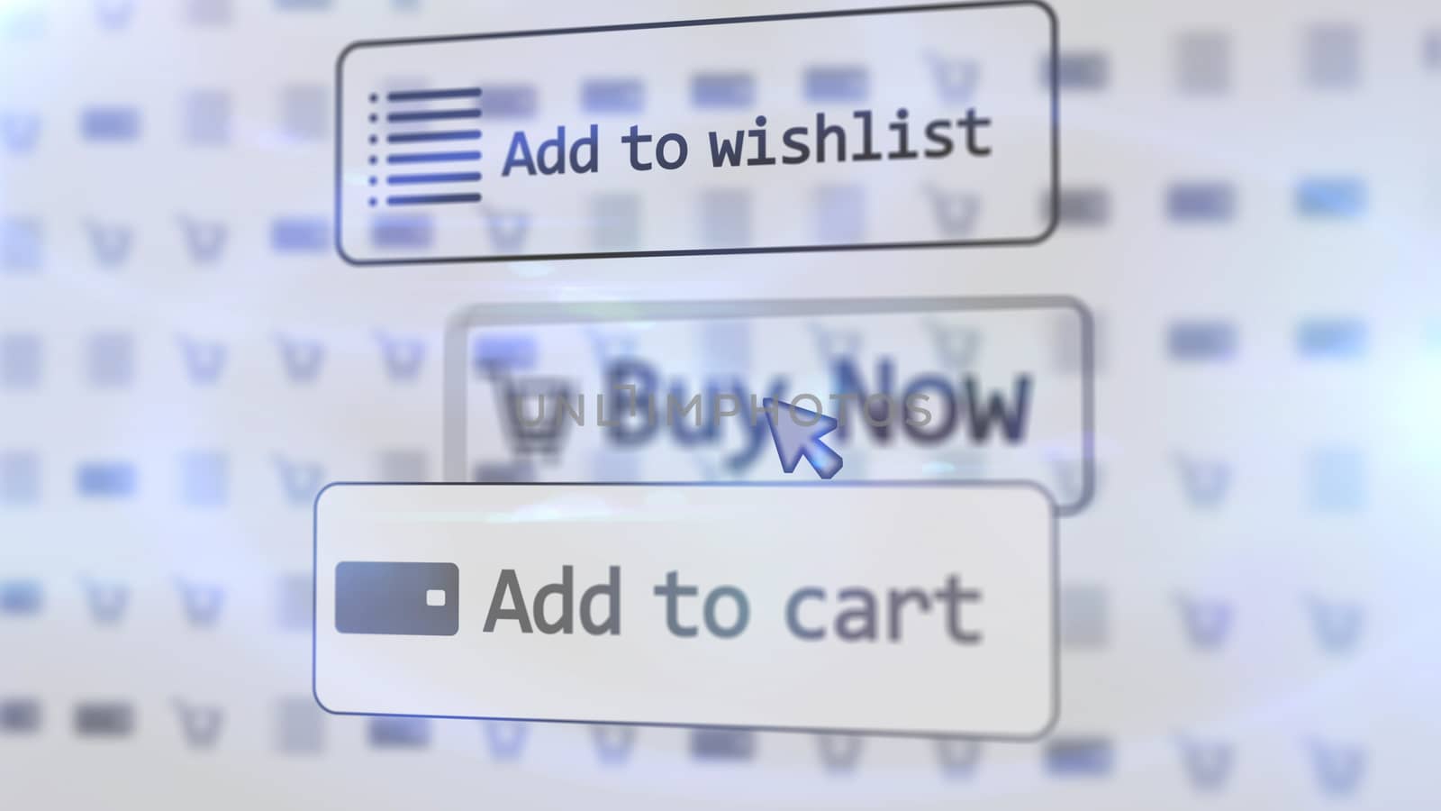 Splendid 3D illustration of a functioning white internet shop screen with such inscriptions as add to cart, buy now, add to wishlist and one arrow located on three icons with dots
