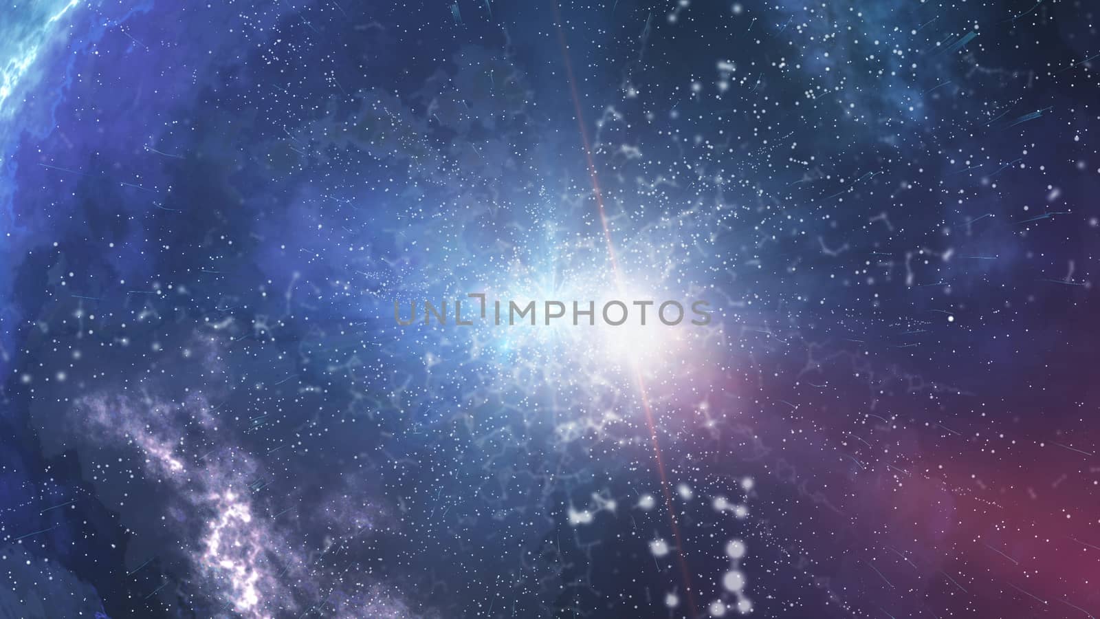 Enigmatic 3D illustration of a horrible big bang with flare in the center, flashing dots,  blurred and spotted universe, sinister smoke, and dashing into different sides meteors