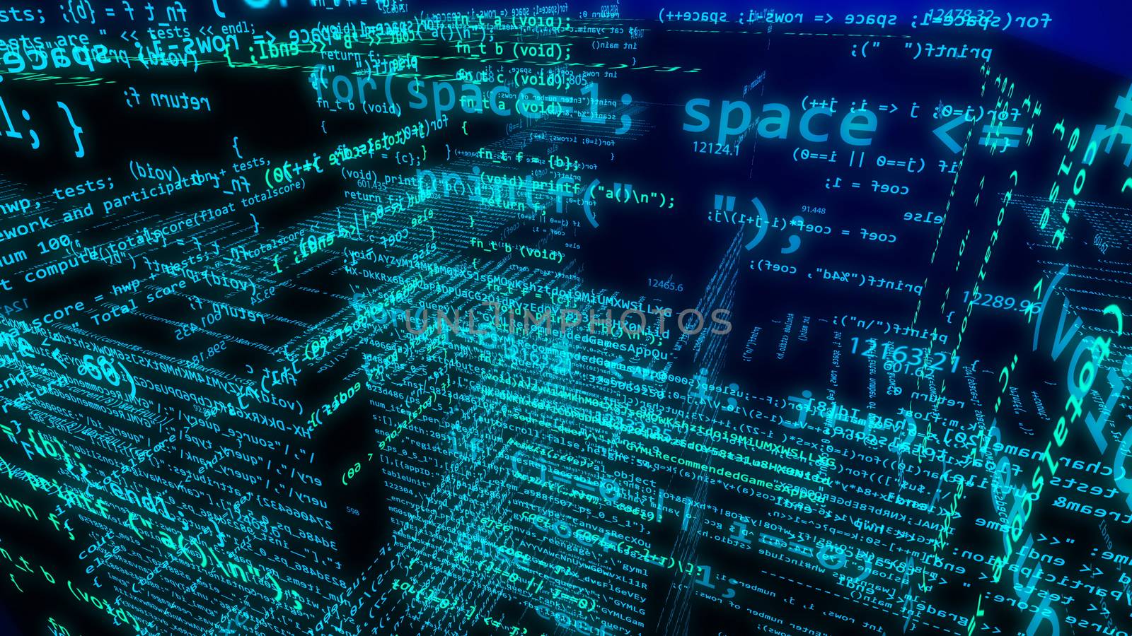 Hi-tech 3D rendering of some digital cyberspace with several surfaces covered with light blue lines, numerous digits, inscriprion space in the dark blue background