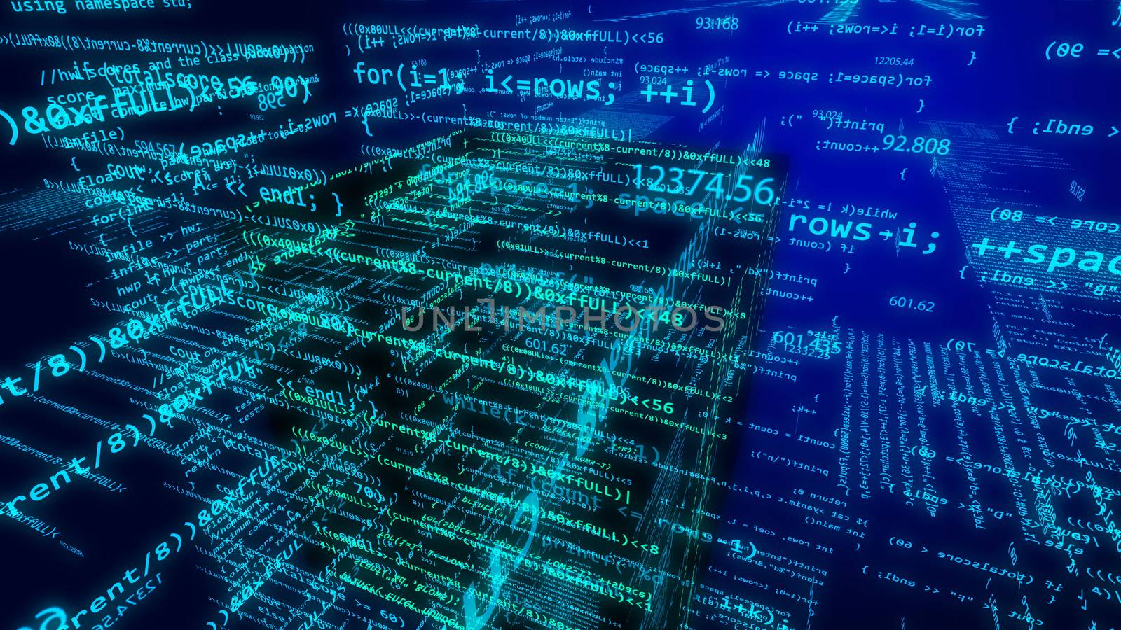 Sci-fi 3D illustration of some decimal cyberspace with a number of surfaces covered with light blue lines, a lot of digits, inscriprion row and rent in the dark blue background