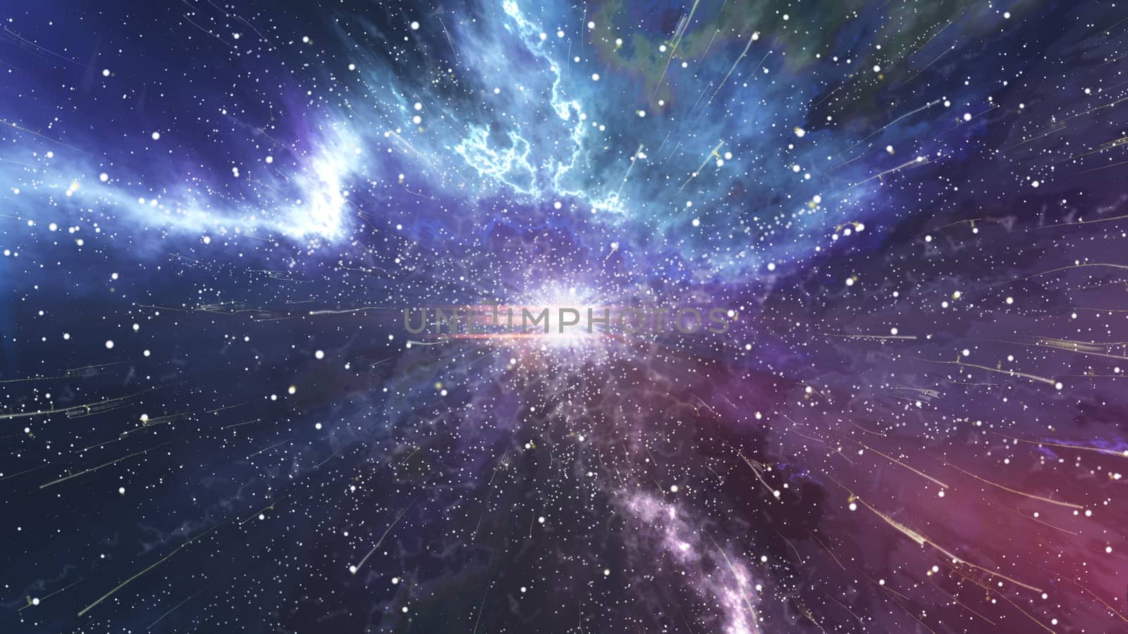 Impressive 3D illustration of a sci-fi big bang with flashing lightning lines, blurred and spotted universe, scary smoke, flying meteors, black and dark blue background.