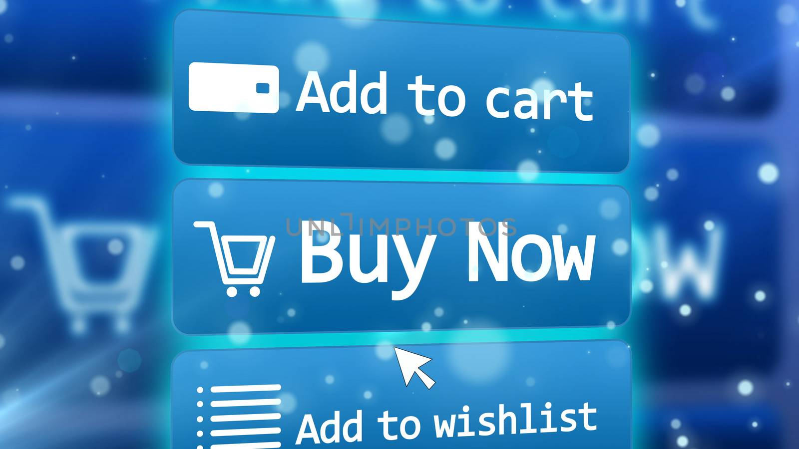 Hi-tech 3D illustration of ultramodern internet shop with such options as add to cart, buy now, add to wishlist placed on three icons on a light blue background with basket signs