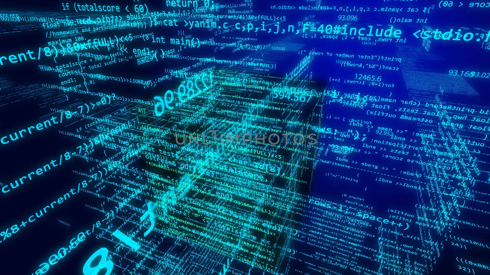 Hi-tech 3D rendering of the ultramodern cyberspace with flying digits, mathematic formulars, and inscriptions current and include. It looks impressive and futuristic