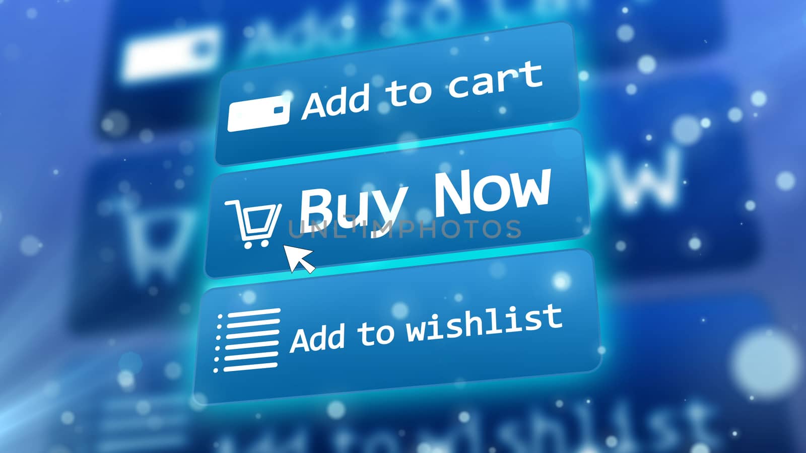 Futuristic 3D rendering of avant-garde internet shop with such options as add to cart, buy now, add to wishlist placed on three icons from an oblique perspective on a blue background