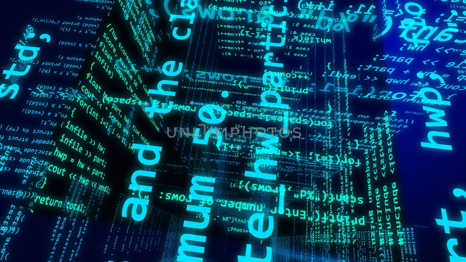 Hi-tech 3D rendering of some digita cyberspace with a lot of surfaces covered with light blue lines, numerous numbers, inscriprion and and the in the bright blue background