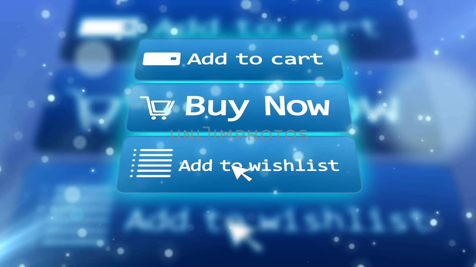 Futuristic 3D rendering of  internet shop with such commands as add to cart, buy now, add to wishlist placed on three boards on a light blue background