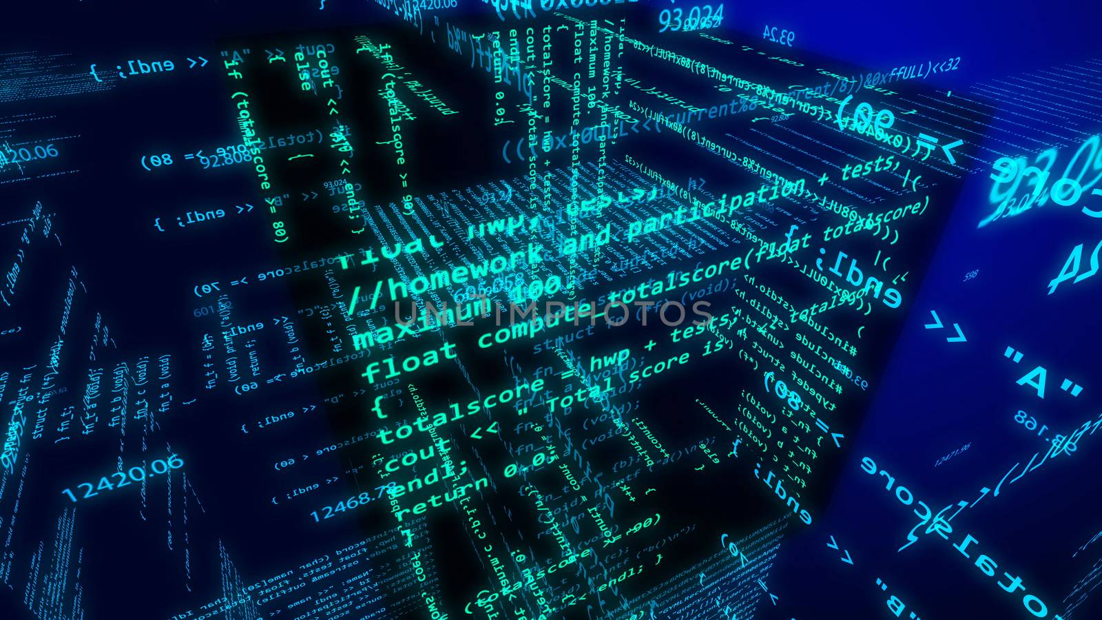 Exciting 3D rendering of the up to date cyberspace with flying numbers, mathematic formulars, and inscriptions total and score, with a black and blue cube inside