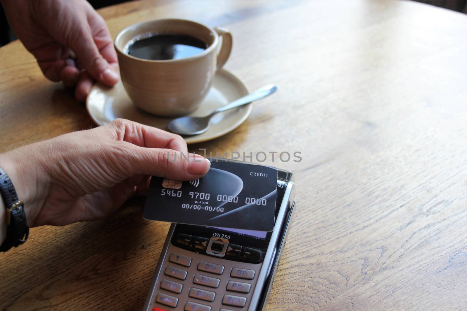 contactless payment card pdq background copy space with hand hol by cheekylorns