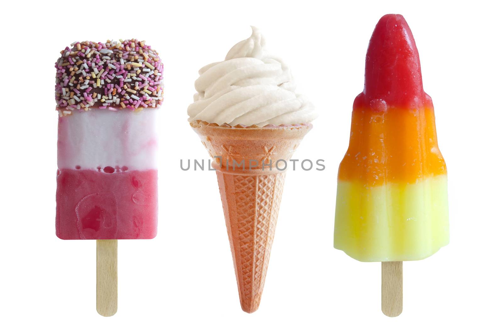 Assorted icecream and frozen lollies over a white background