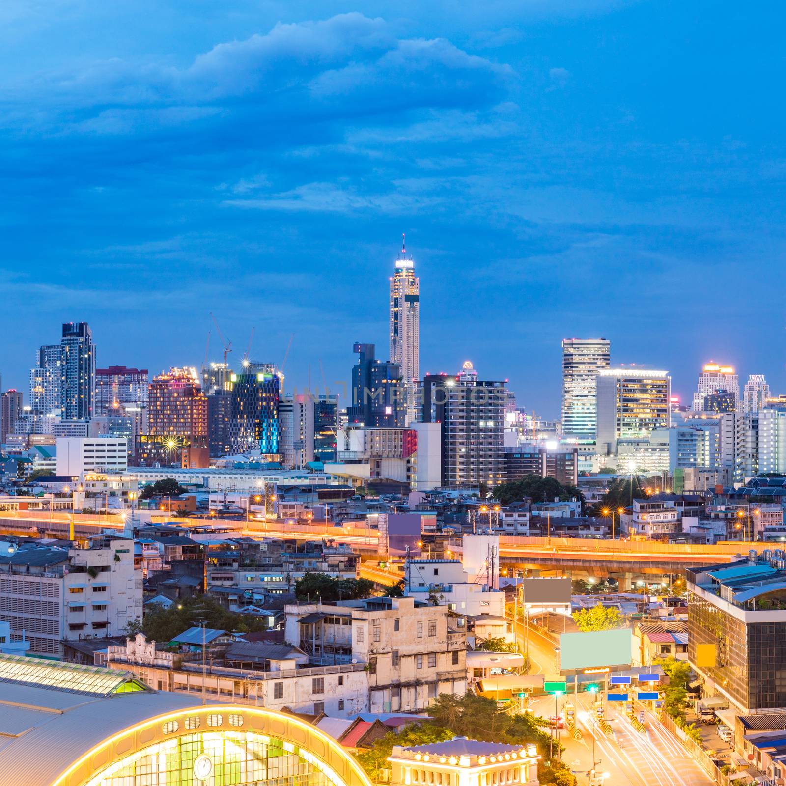Panorama Bangkok Central Train Station with Skyline cityscape sunset Thailand