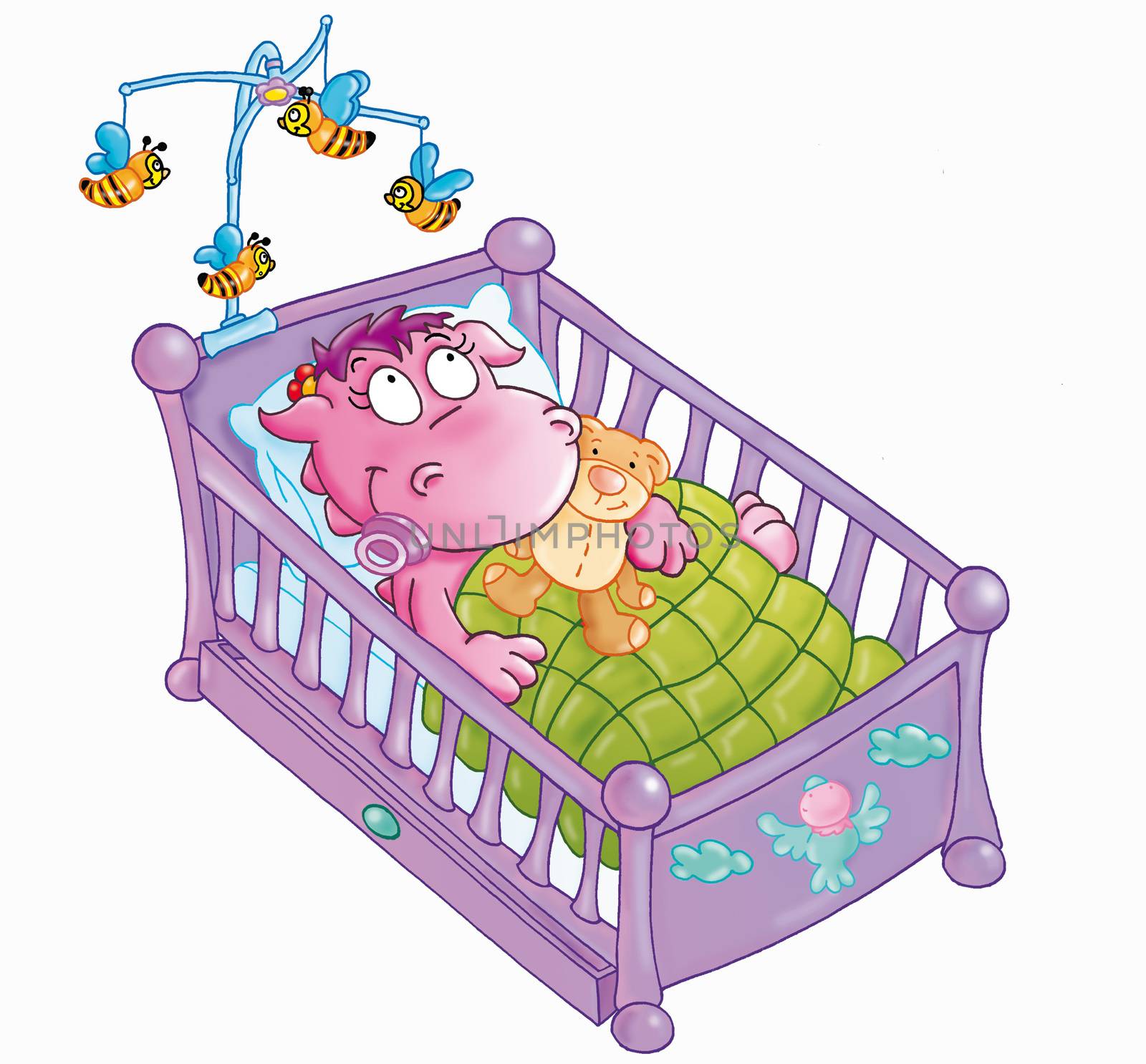 The little dragon sleeps in the cot







√