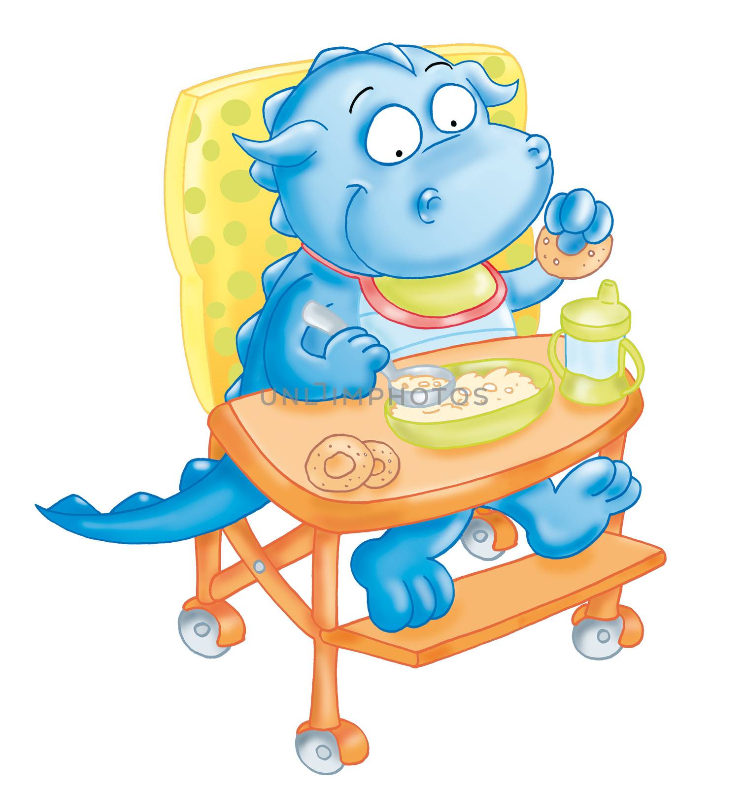 The little dragon eats, the baby is highchair