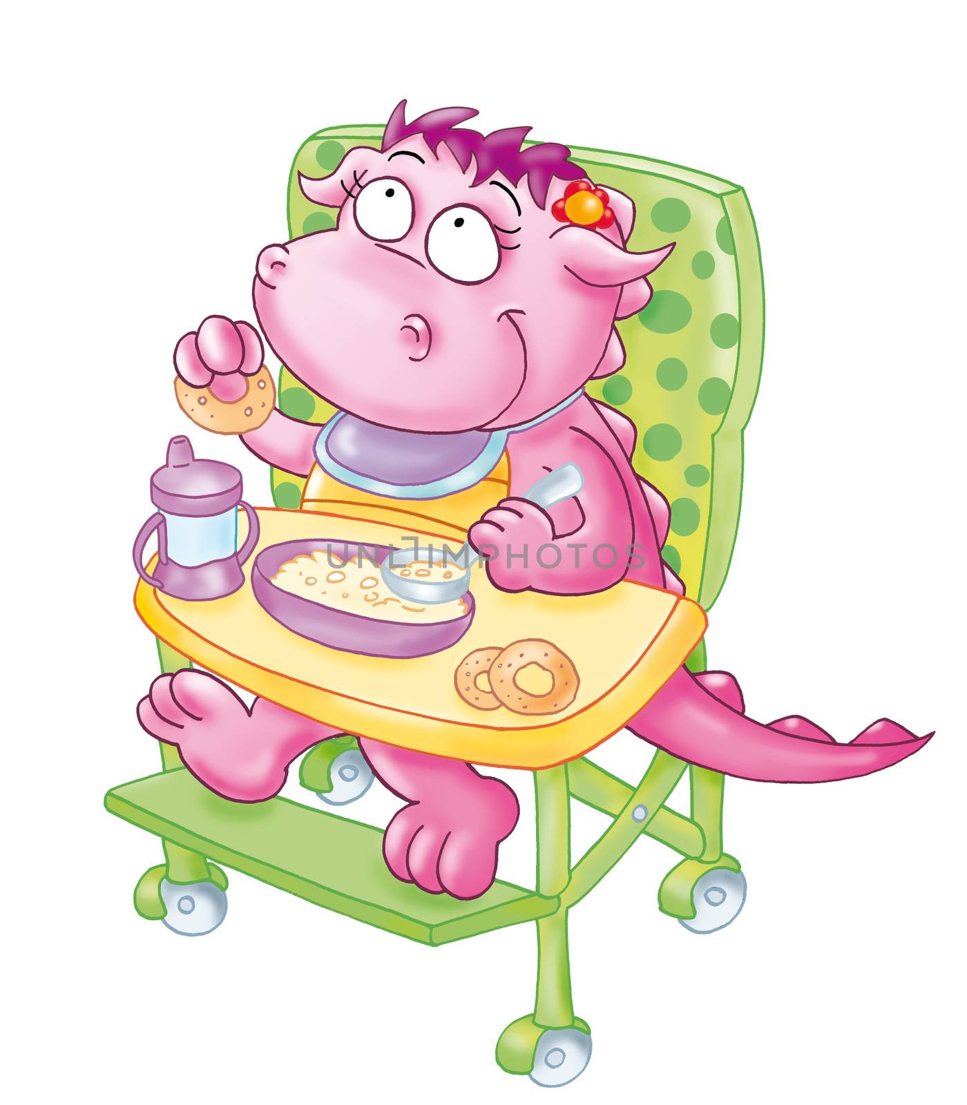 The little dragon eats, the baby is highchair