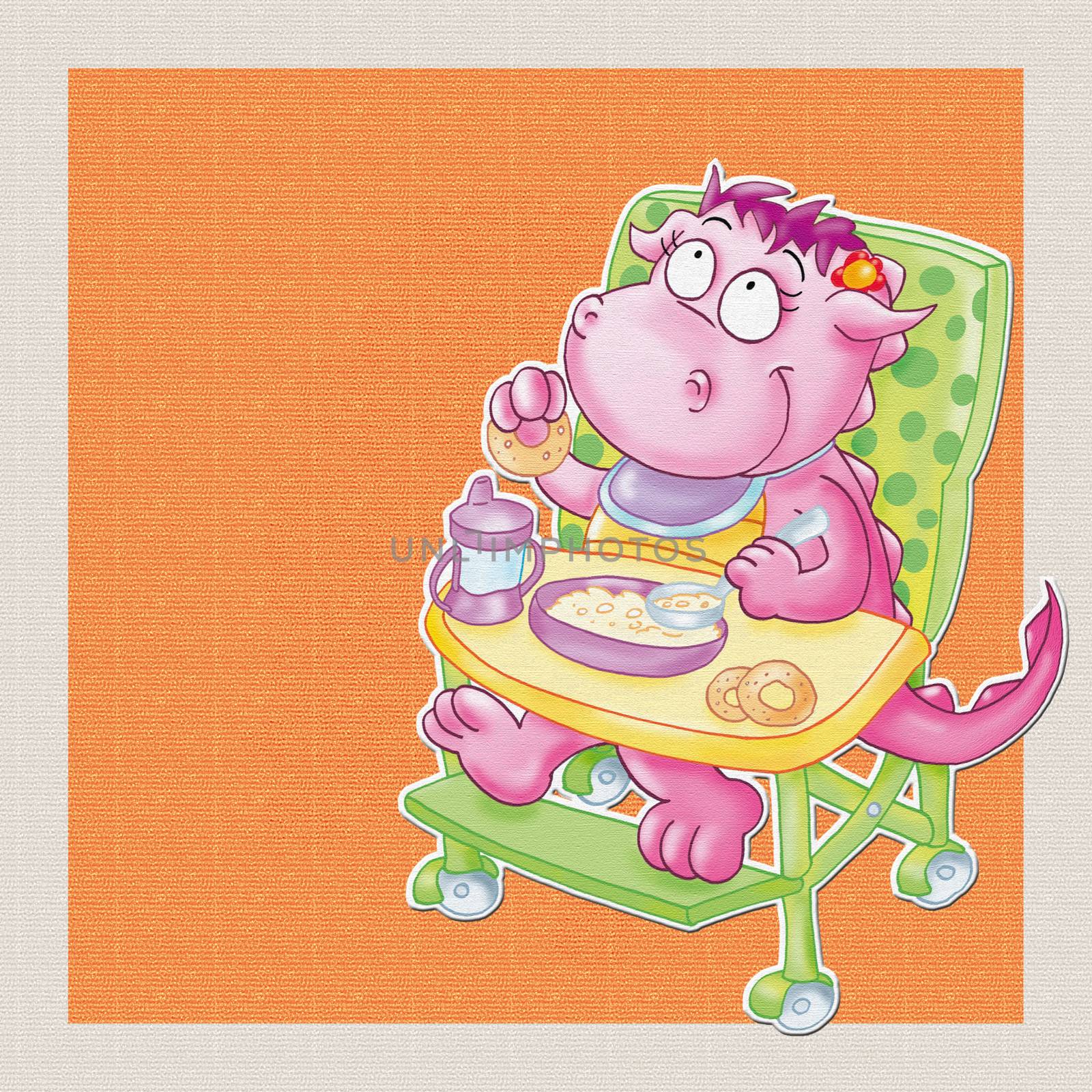 The little dragon eats, the baby is highchair