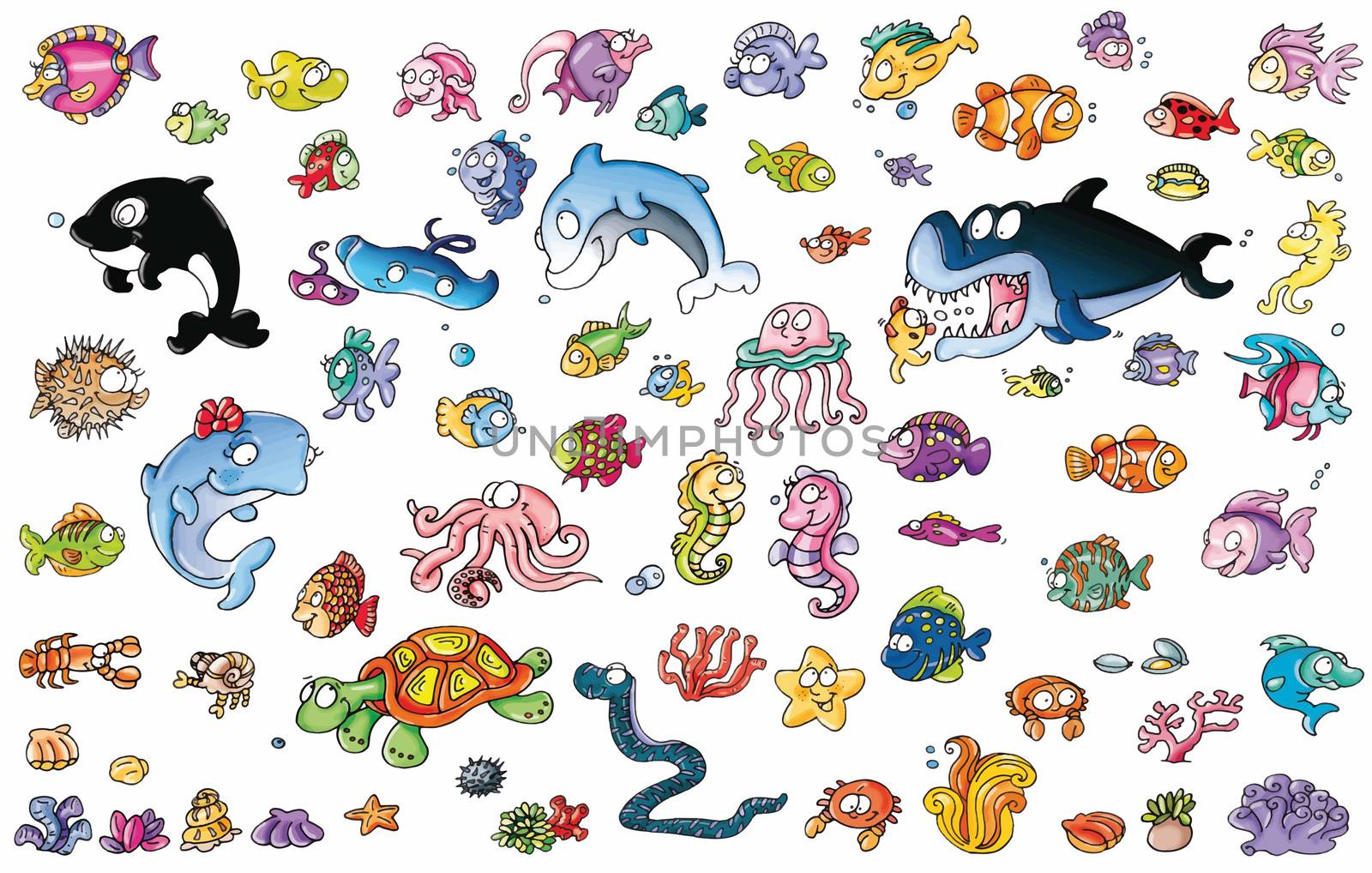 Fish, sea animals, octopus, jellyfish,
Orc, dolphins, crustaceans, shells
Whale, icons, crustacean, fish,
Dolphins, turtles, fish, marine animals,