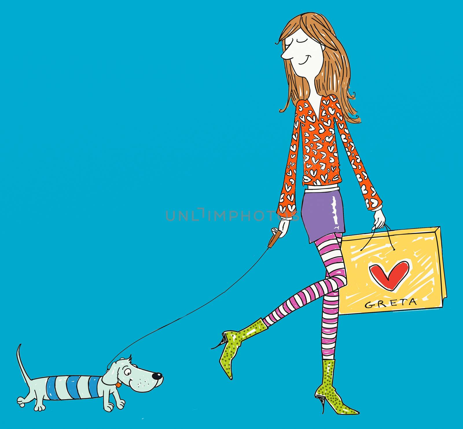 Girl walking with bassin dog and a bag of clothes,